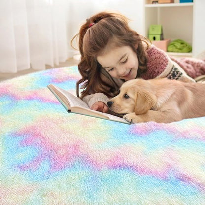 OLANLY Rainbow Round Rugs for Bedroom - Machine Washable, 4x4 Feet Circle Area Rugs for Living Room, Soft and Fluffy Shaggy Carpet for Teen Girls and Boys, Nursery Rooms, Dorms, Home Decor Aesthetic