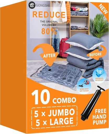 GONGSHI Vacuum Storage Bags - Space Saver Seal Bags for Clothing & Blankets | 5 Jumbo & 5 Large Sizes