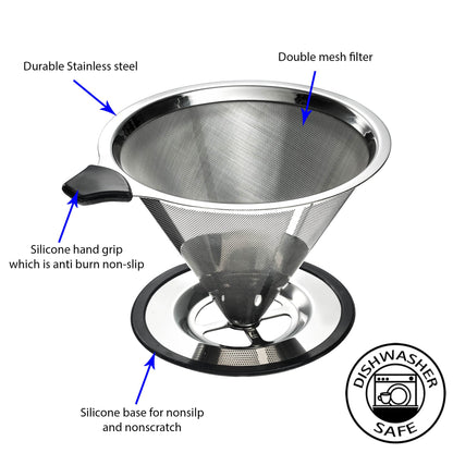 Stainless Steel Pour Over Coffee Cone Dripper with Cup Stand - Paperless and Reusable - Ultra Fine Micro Mesh Filter - BONUS: Coffee Scooping Spoon + Cleaning Brush - [1-4 Cup]