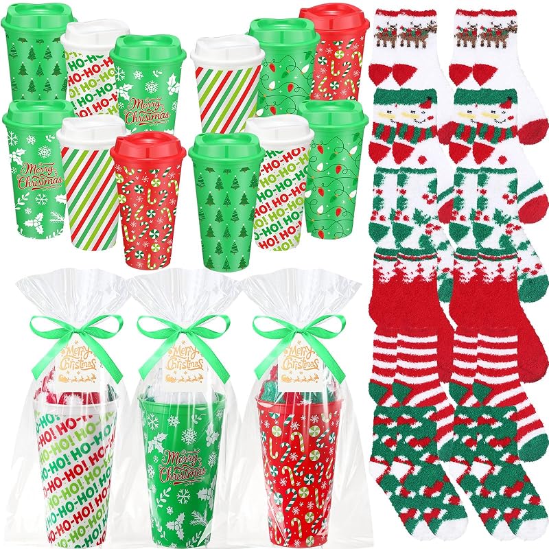 Bulk Christmas Gift Set - 12 Pairs Socks, 12 Mugs, 12 Cards, 20 Gift Bags & Ribbon (12+ Candy Cane)