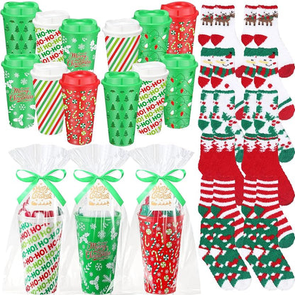 Bulk Christmas Gift Set - 12 Pairs Socks, 12 Mugs, 12 Cards, 20 Gift Bags & Ribbon (12+ Candy Cane)