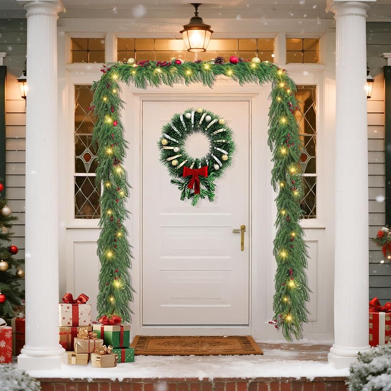 6ft Norfolk Pine Garlands with Light - Pre-Lit Dense Real Touch Indoor/Outdoor Christmas Garland - Variation: 1+6ft