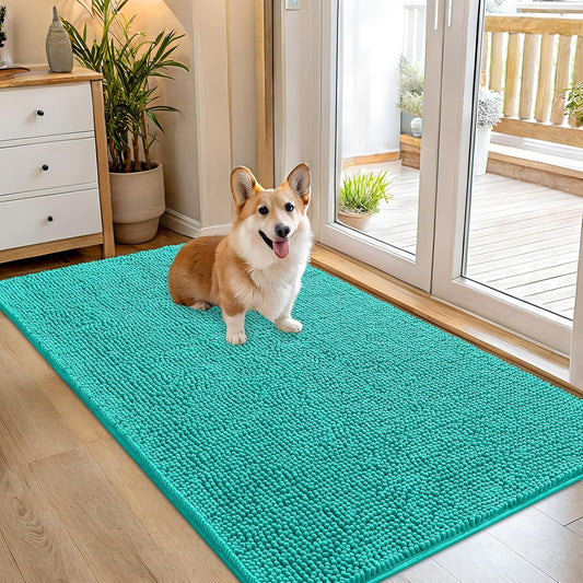 OLANLY Dog Door Mat - Absorbent Non-Slip Chenille Mat for Muddy Paws | 54x32, Quick Dry, Teal