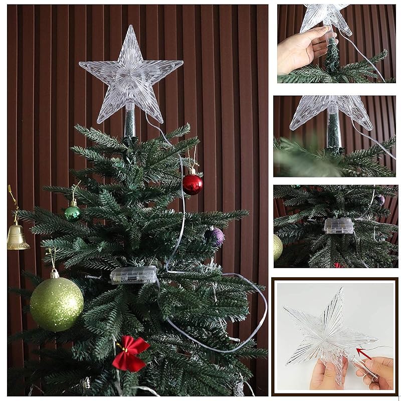 Christmas Star Tree Topper 9.5in 17 Colors with 4 Speed Modes & Remote (3AA Battery Powered) - IP44 Indoor/Outdoor