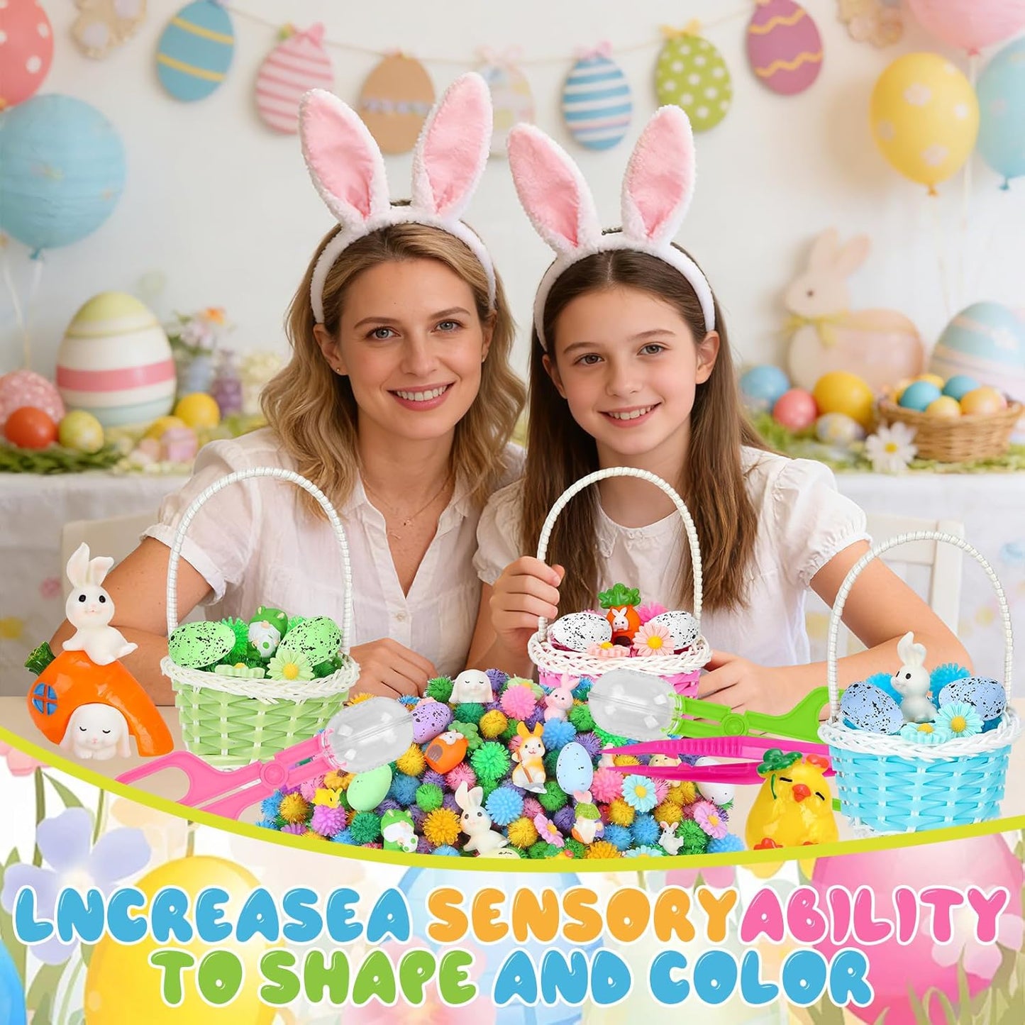 Skiennix Easter Sensory Bin Filler | 287 Pcs with Eggs, Bunnies, Felt Flowers & Pom Poms for Counting Fun