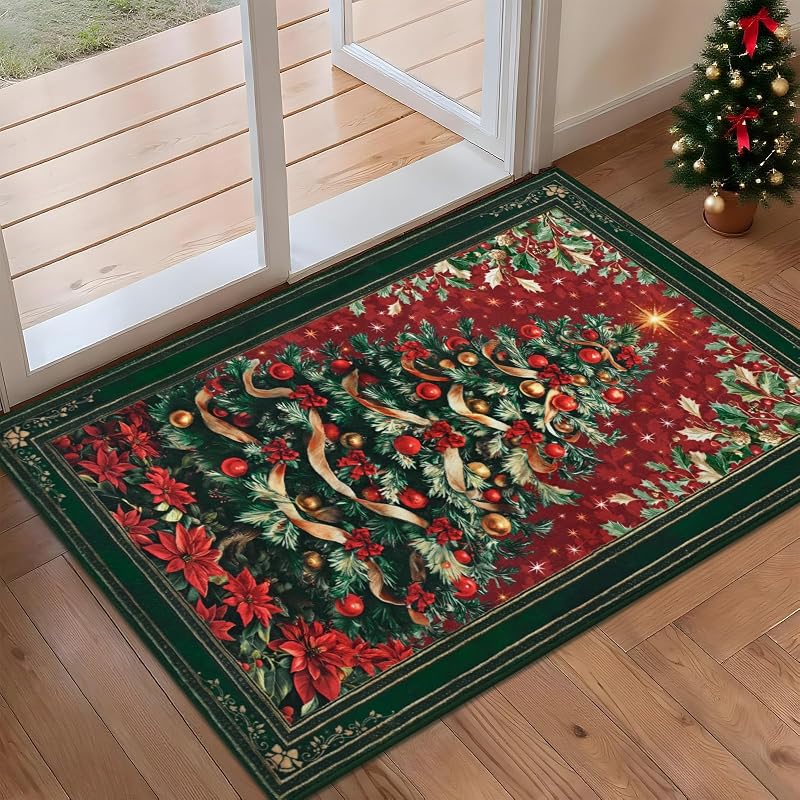 2x3 ft Red Christmas Area Rug with Non-Slip Backing - Washable Entryway Door Mat, Vintage Tree Design