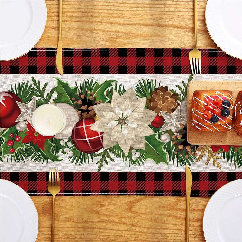 Red and Black Buffalo Check Christmas Table Runner 13 x 72 Inch - Variation: Christmas002