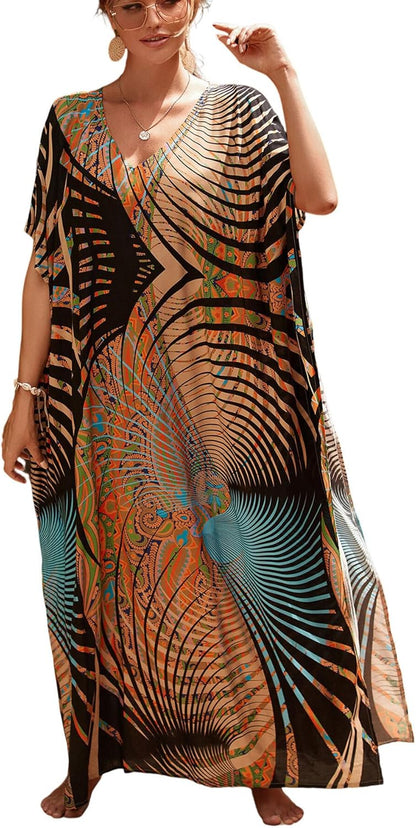 Skiennix Women's Plus Size Kaftan Maxi Dress - Stylish Beach Cover-Up for Summer