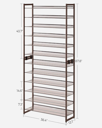 SONGMICS 12-Tier Shoe Rack - Metal Organizer for Garage | Stackable Design Holds 48-60 Pairs, Bronze