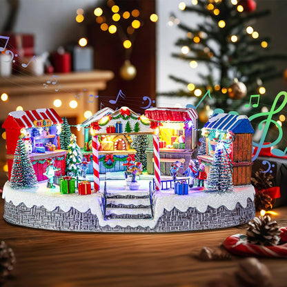 Bdor Christmas Market Village Scene - LED Lights & Musical Animation | 8.3 x 5.9 x 5.9 Inches Holiday Décor