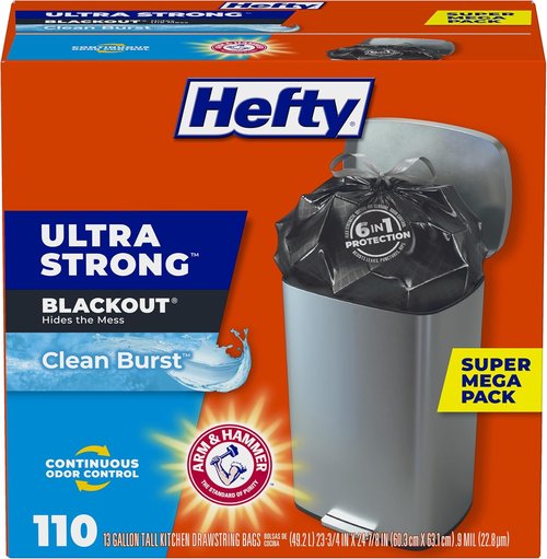 Hefty Ultra Strong Trash Bags - 13 Gallon Black Kitchen Bags with Break-Resistant Drawstring | Odor Control, 110 Count