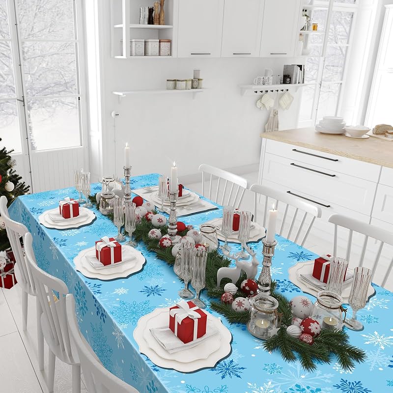 Blue Snowflake Tablecloth 54 x 108 in - 1 Pack, Disposable Plastic
