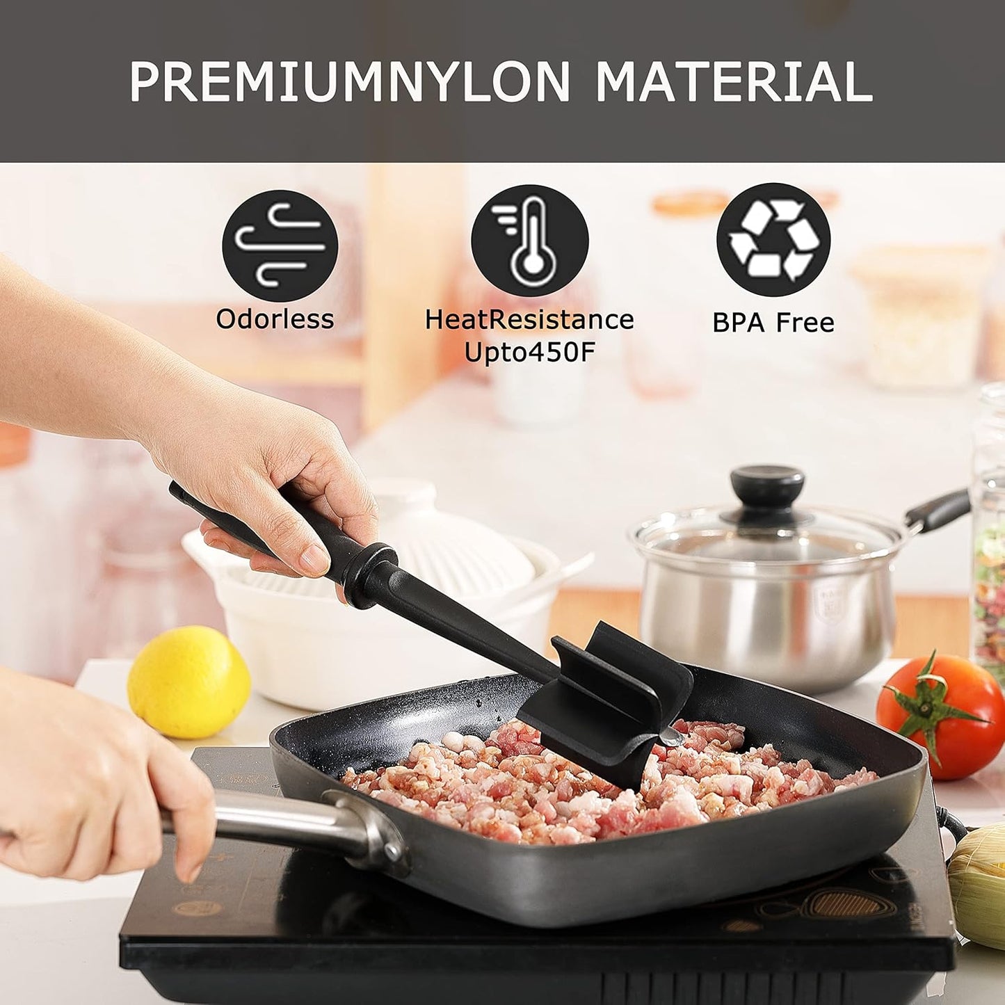 Skiennix Meat Chopper - Heat Resistant 5-Blade Ground Beef Masher | Nylon Kitchen Tool