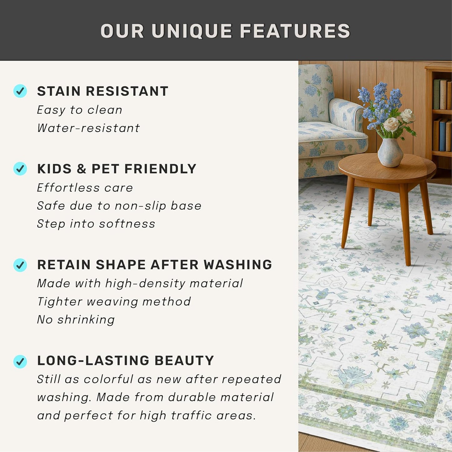 Oushak 4x6 Boho Pastel Area Rug - Low Pile, Non-Slip, Stain Resistant for Living Room & Entryway