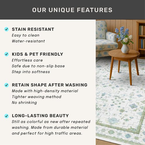 Hazo Haus Oushak Wide Hallway Runner Rug 2'6"x8' - Vintage Turkish Floral, Washable Low Pile Non Slip Extra Long Runners for Kitchen, Hall Way - Cream Blue and Green