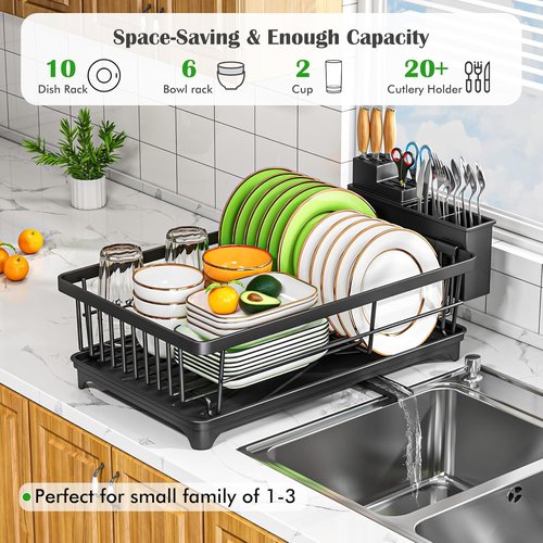 Dish Drying Rack | Compact Rust-Resistant Kitchen Rack with Utensil Holder - Space-Saving Black Design