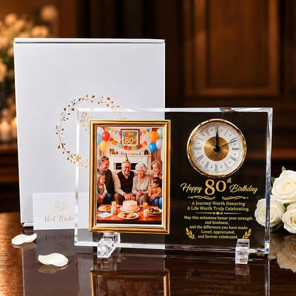 80th Birthday Glass Photo Frame Quartz Clock - 4x6 Photo Display - Gold-Tone Keepsake (Variation: 80th Birthday)