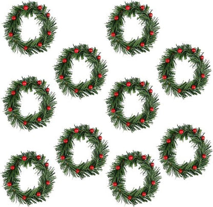Lystaii Christmas Candle Rings - 10pcs Red Artificial Berry & Grass Mini Wreaths for Holiday Decor | Medium Size