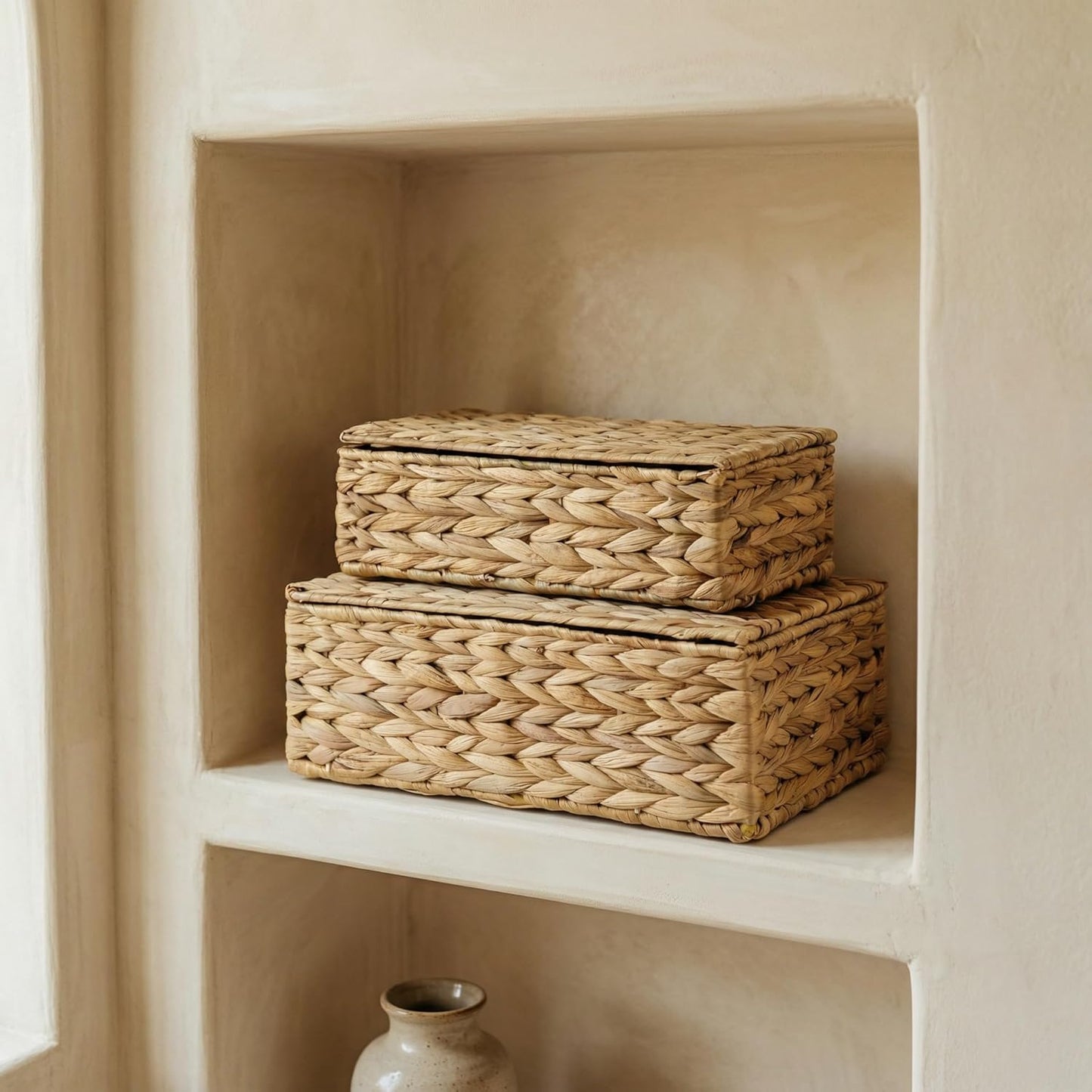 Skiennix Decorative Storage Boxes - Set of 2 Stylish Wicker Organizer Bins for Home Decor | Safely Store Photos & Keepsakes