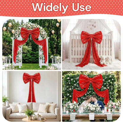 Skiennix Sequin Giant Bow - Oversized Red Decoration with Long Ribbon | 75 x 23 Inch for Weddings & Parties