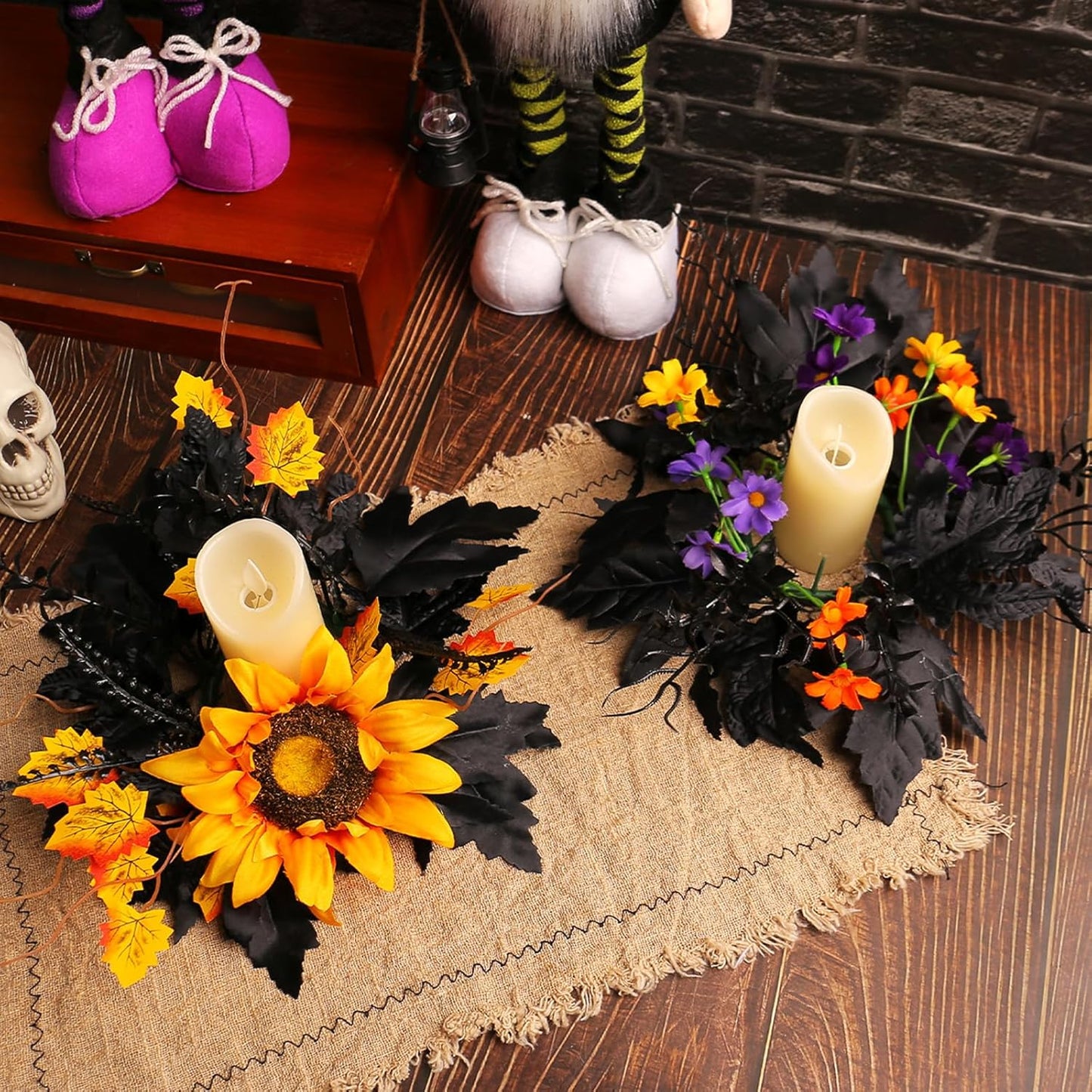 Skiennix Halloween Candle Rings - 2 Pack Artificial Leaves Wreaths for Festive Home Decor