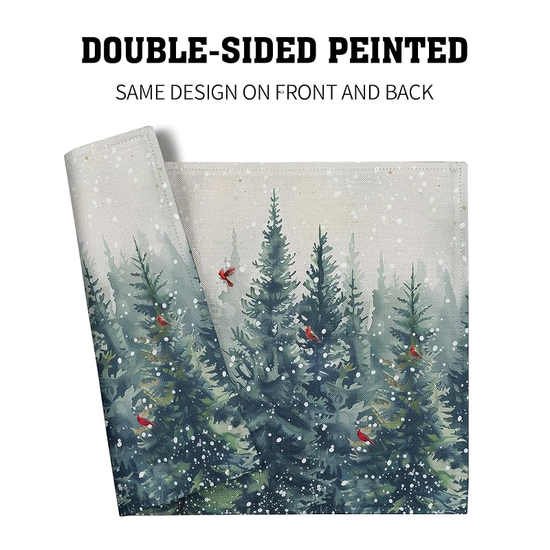Winter Tree Placemats Set of 4 - 12x18 In Linen Christmas Forest with Red Birds