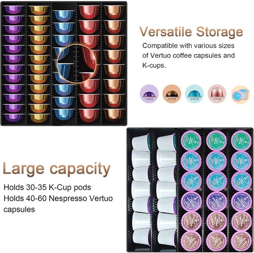 Coffee Pods Drawer Organizer - Nespresso Vertuo Compatible | Holds 60 Small or 40 Large Pods (Black)