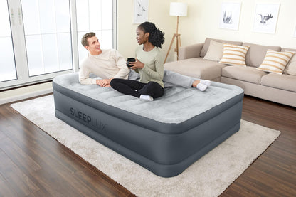 SleepLux Queen Air Mattress | Supersoft Snugable Top, Extra Durable Tough Guard with Built-in Pillow | Raised 22" Airbed with Built in Pump + USB Charger, Grey (69093E)
