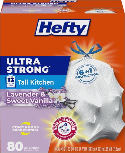 Hefty Ultra Strong 13 Gallon Trash Bags - Odor Control Drawstring Kitchen Bags | 80 Count, Lavender & Vanilla Scent