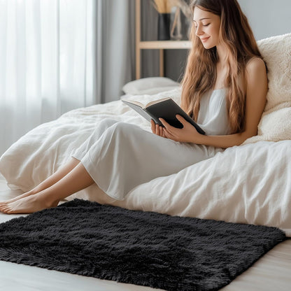 OLANLY Soft Fluffy Shaggy Bedside Rug - Machine Washable 3x3 ft | Perfect for Bedroom & Nursery Decor, Black