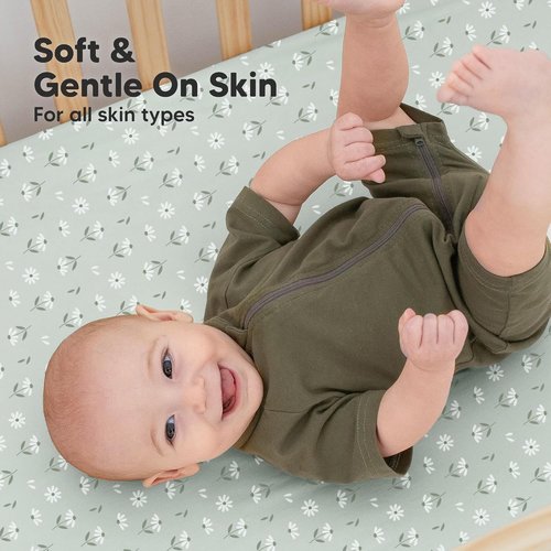 KeaBabies Organic Crib Sheets - 2-Pack Fitted Jersey Cotton for Baby Bed | Soft, Breathable, Neutral Daisies 52x28