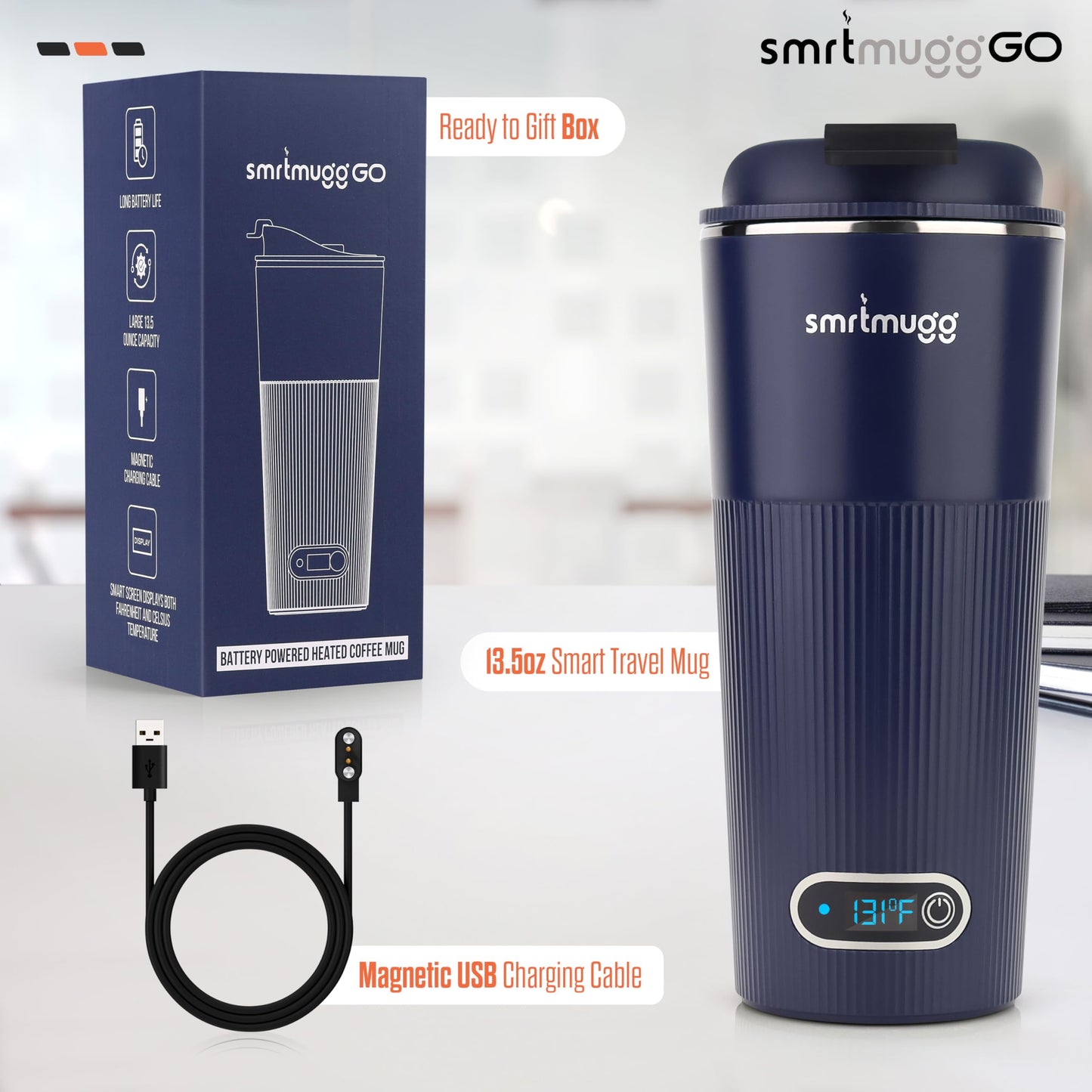 SmrtMugg GO Heated Coffee Mug, Travel Mug, 13.5 OZ. Smart Mug, Battery Powered Heated Coffee Mug, Great for Coffee and Tea, Snap on Magnetic Charging Cord, New and Improved (Navy Blue)