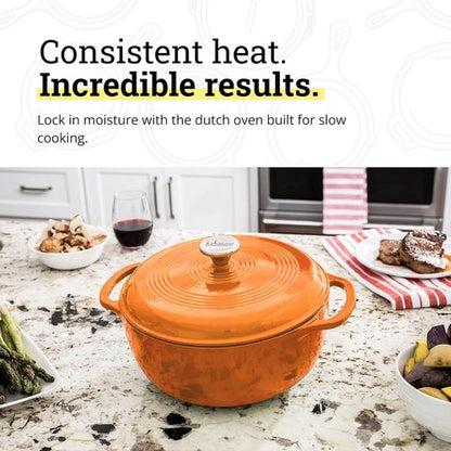 Lodge Essential Enamel Cast Iron Dutch Oven - 6 Quart Moisture-Sealing Lid & Dual Handles - Apricot