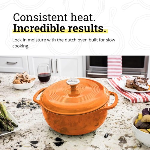 Lodge Enamel Cast Iron Dutch Oven - 6 Quart Moisture-Sealing Lid & Dual Handles - Apricot Color