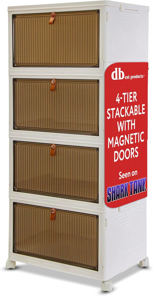 Quik Box 4-Tier Stackable Storage Organizer - 24 Gallon Collapsible Bins with Magnetic Doors | Space-Saving Bedroom & Closet Solution