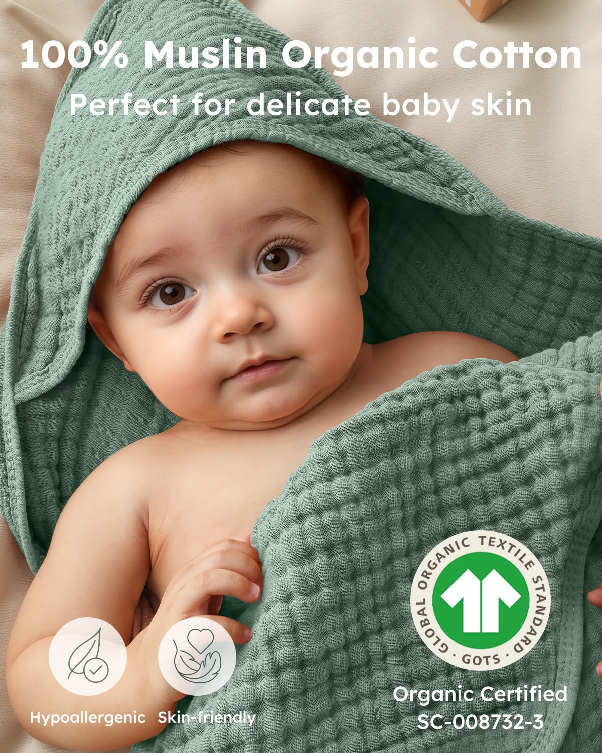 Yoofoss Hooded Baby Towels for Newborn 2 Pack 100% Muslin Organic Cotton Baby Bath Towel with Hood for Babies, Infant, Toddler and Kids, Large 32x32Inch, Soft and Absorbent Newborn Essential
