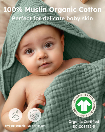 Yoofoss Hooded Baby Towels for Newborn 2 Pack 100% Muslin Organic Cotton Baby Bath Towel with Hood for Babies, Infant, Toddler and Kids, Large 32x32Inch, Soft and Absorbent Newborn Essential