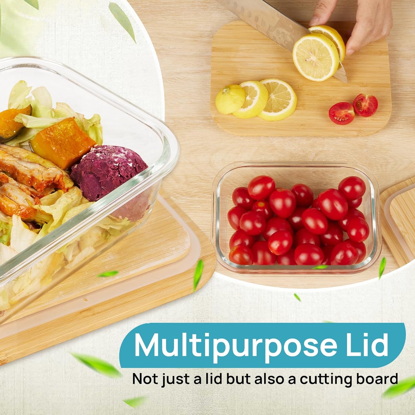 Vtopmart Glass Food Storage Containers - 4 Pack with Bamboo Lids | Microwave, Oven, Freezer Safe, BPA Free