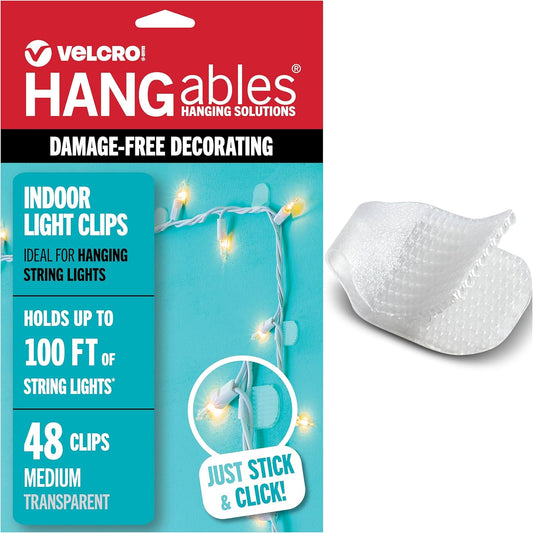 VELCRO Brand Indoor Light Clips - Damage-Free String Light Holders, Transparent, 48 Pack, Up to 100 ft
