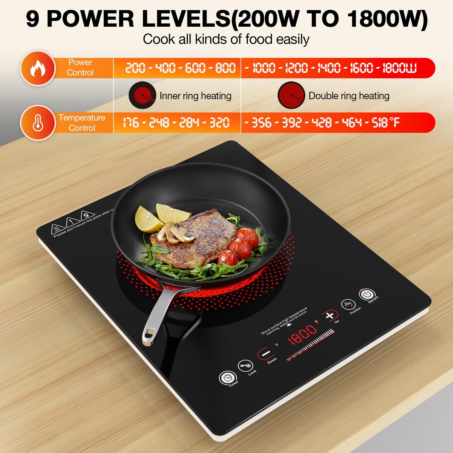 VBGK Single Burner Electric Cooktop,110V 1800W Electric Stove Top with LED Touch Control,Single electric burner 9 Power Levels, 4 hTimer, Safety Lock,Overheat protection