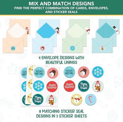Decorably Christmas Cards - 16 Pack 5x7in Snowman Designs with Envelopes & Stickers for Holiday Greetings