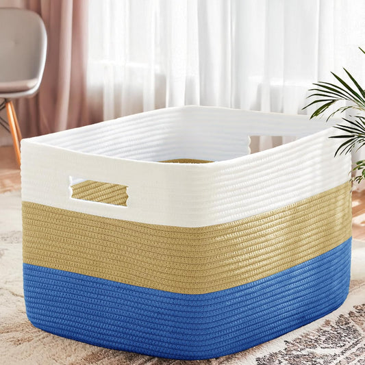 Skiennix Cotton Rope Basket - Large 72L Woven Storage for Blankets, Laundry, Toys | White & Dark Blue