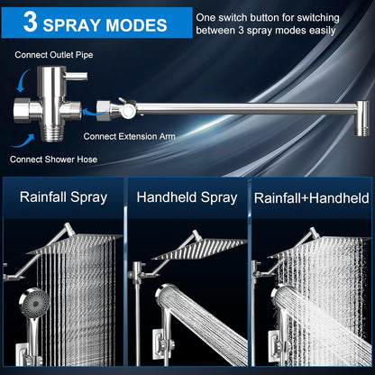 Regine Switzerland Rain Shower Head - 10 Inch High Pressure Dual Showerhead Set with Handheld Spray & Extension Arm | Silver