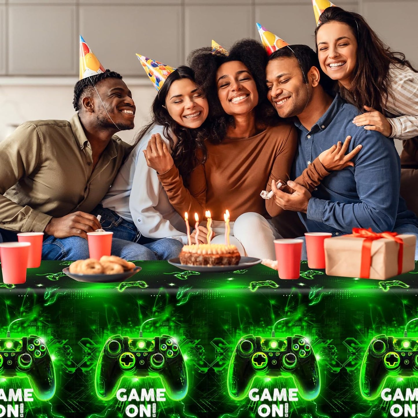 Skiennix Video Game Tablecloths - Neon Gaming Design for Boys & Girls | 4-Pack Rectangle Party Decor