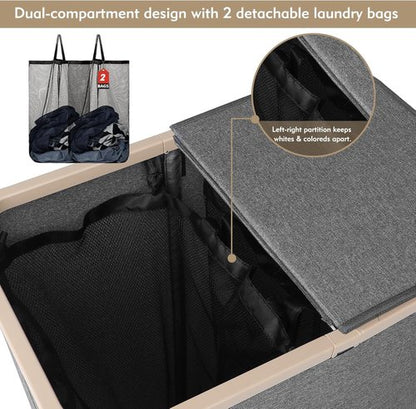 DOKEHOM Double Laundry Basket - 160L Collapsible Hamper with Removable Lid & Bags | Dark Grey