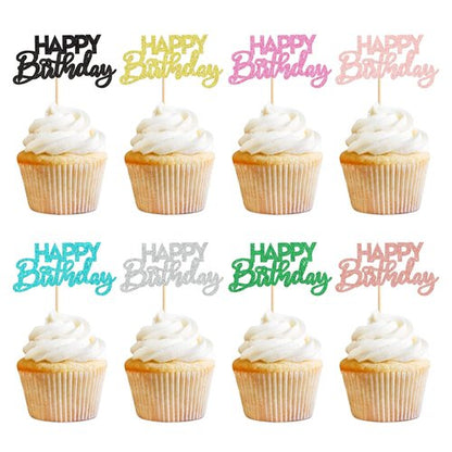 Ercadio Happy Birthday Cupcake Toppers - 24 Pack in 8 Colors for Kids' Parties & Celebrations