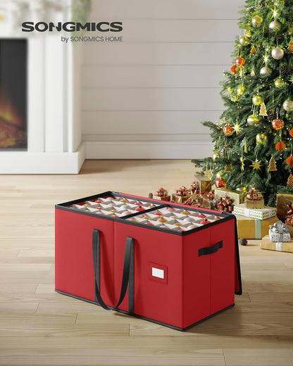 SONGMICS Christmas Ornament Storage Box - Stackable Dual Zipper Container with 128 Slots - Cherry Red