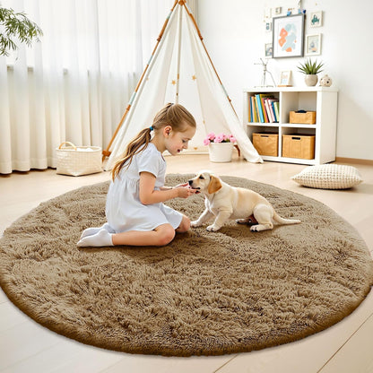 OLANLY Round Taupe Area Rug - Soft & Fluffy 6 ft Machine Washable Carpet for Bedroom & Living Room Decor