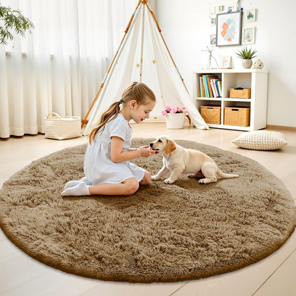 OLANLY Taupe Round Rugs for Bedroom - Machine Washable, 6 ft Circle Area Rugs for Living Room, Soft and Fluffy Shaggy Carpet for Teen Girl and Boys, Nursery Rooms, Dorms, Home Decor Aesthetic