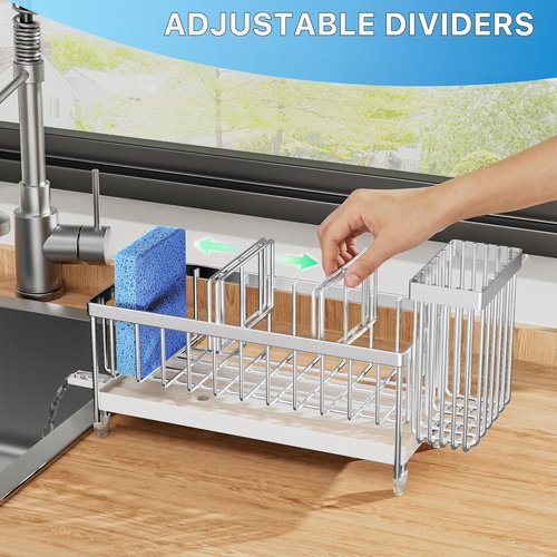 Cisily Kitchen Sink Caddy Organizer - Rustproof 304 Stainless Steel Sponge Holder | Silver, 9.25”